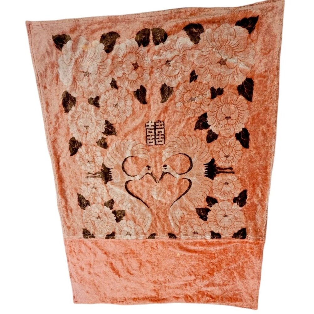MCM VTG 1950s Korean Mink Peach Pink Floral Blanket Coverlet Twin Heavy 58x81"
